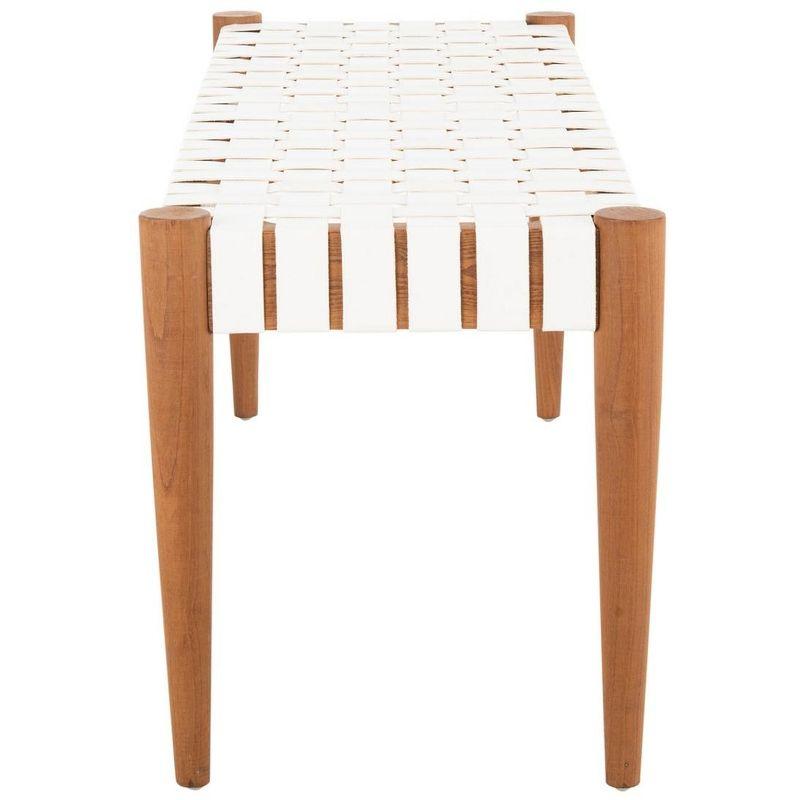 Amalia 47'' Transitional White Leather & Oak Weave Bench