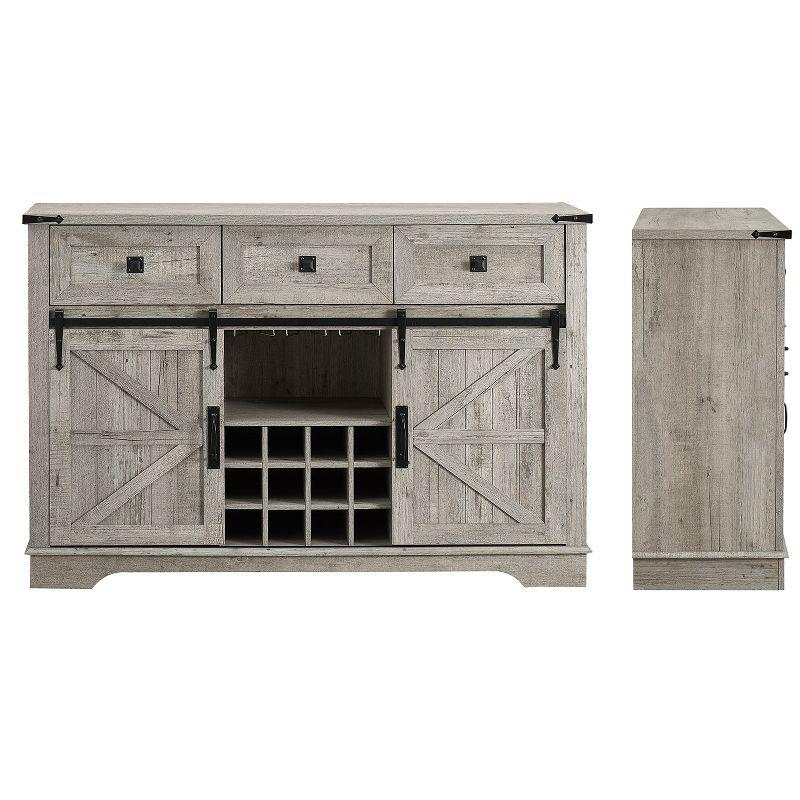 SinCiDo 54" Wine Bar Cabinet w/Sliding Barn Door, Kitchen Coffee Bar Cabinet w/Wine & Glass Rack, 3 Drawers, Large Buffet Sideboard, Light Rustic Oak