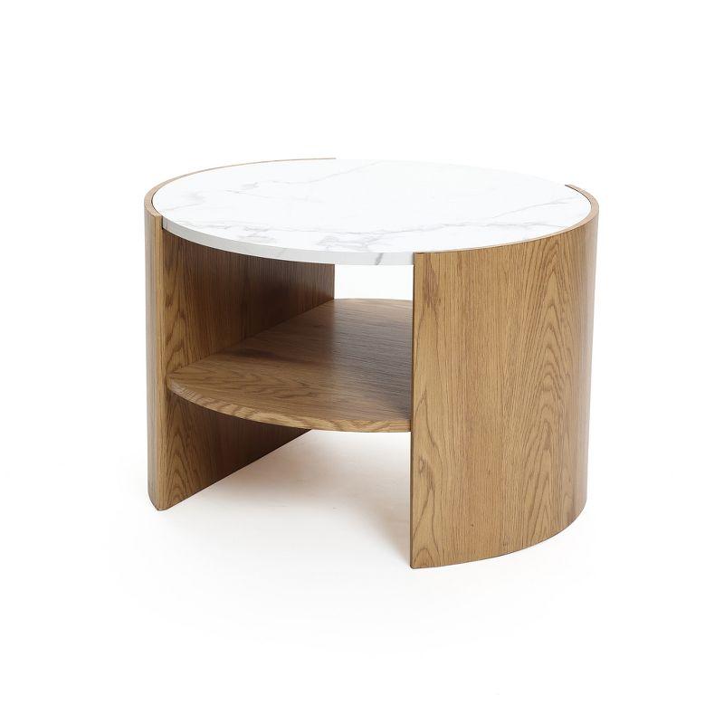 LuxenHome Natural Finish Manufactured Wood 23.6-Inch Round Coffee Table with Faux Marble Top Brown