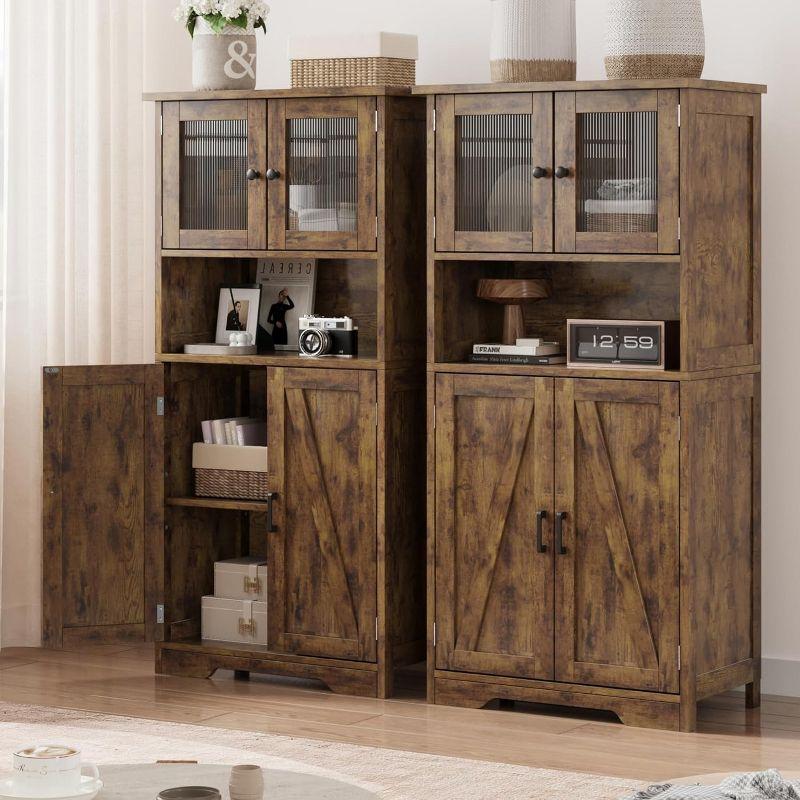 Freestanding Floor Linen Storage Cabinet with Glass Doors & Adjustable Shelves, Standing Cupboard for Bathroom, Kitchen, Living Room, Vintage