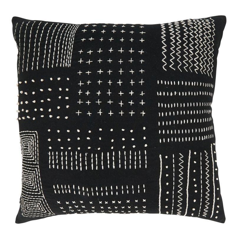 Black Cotton Embroidered Square Throw Pillow with Down Fill