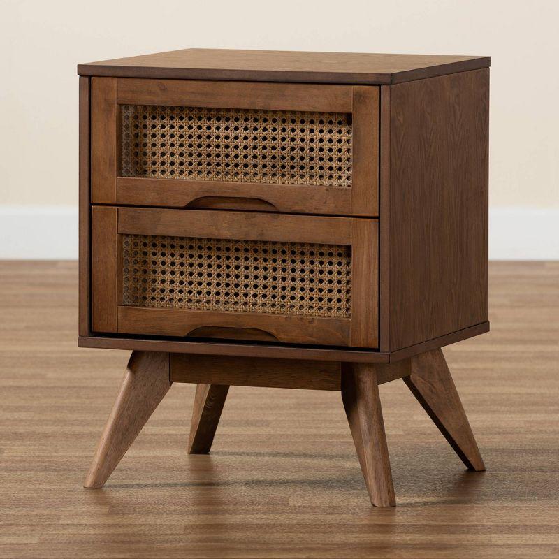 Barrett Wood & Synthetic Rattan Nightstand: 2 Drawers, Angled Legs - Baxton Studio