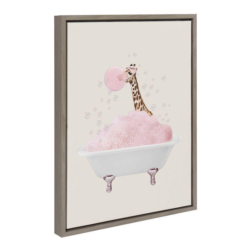 Kate & Laurel All Things Decor 18"x24" Sylvie Giraffe Taking a Bath Framed Canvas Wall Art by July Art Prints Gray Zoo Animal Bath