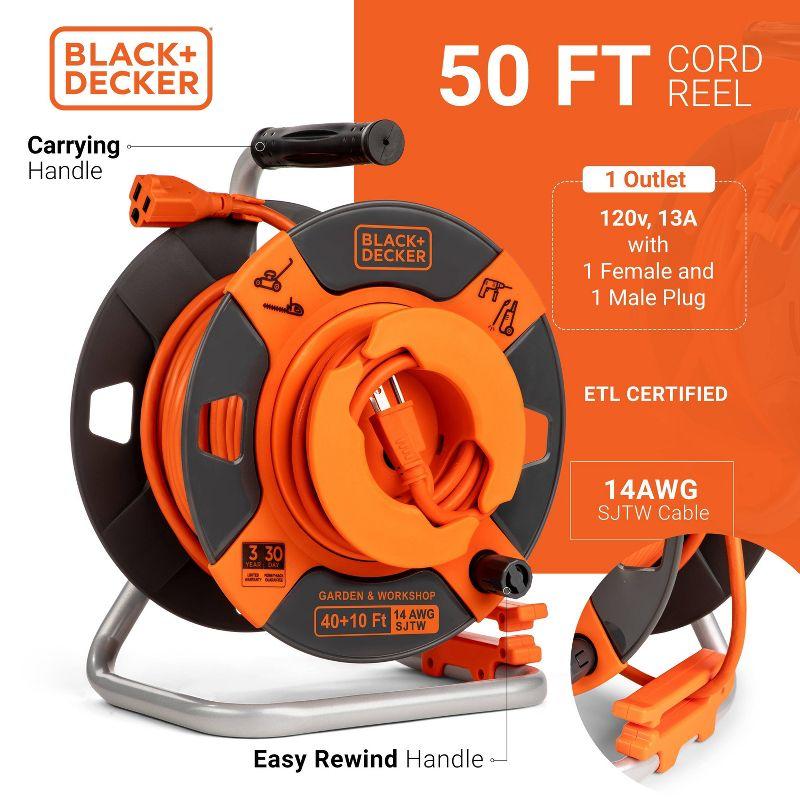 BLACK+DECKER 50' Garden Cord Reel 14AWG 4 Outlets: Outdoor Extension Cord Reel, 13 Amp, 50ft, 3 Conductors, Black