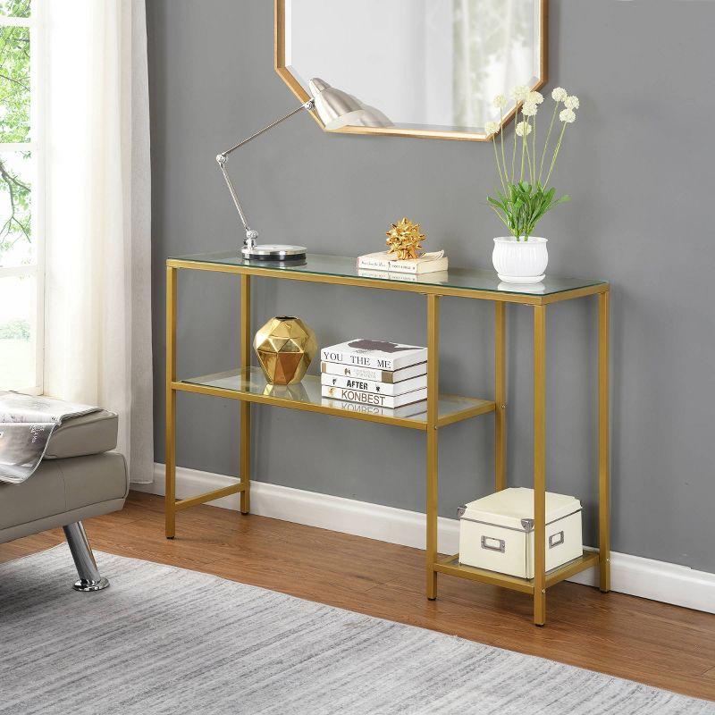 Gold Metal and Glass Console Table with Shelves