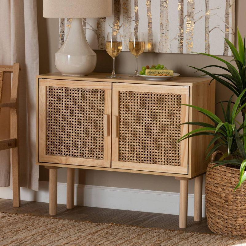 Maclean Rattan Wood 2 Door Sideboard Buffet Natural/Brown - Baxton Studio: Bohemian Style, Fixed Shelf Storage