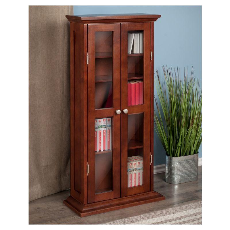 Dvd-Cd Cabinet - Antique Walnut - Winsome: Multimedia Storage, Glass Doors, 4 Adjustable Shelves