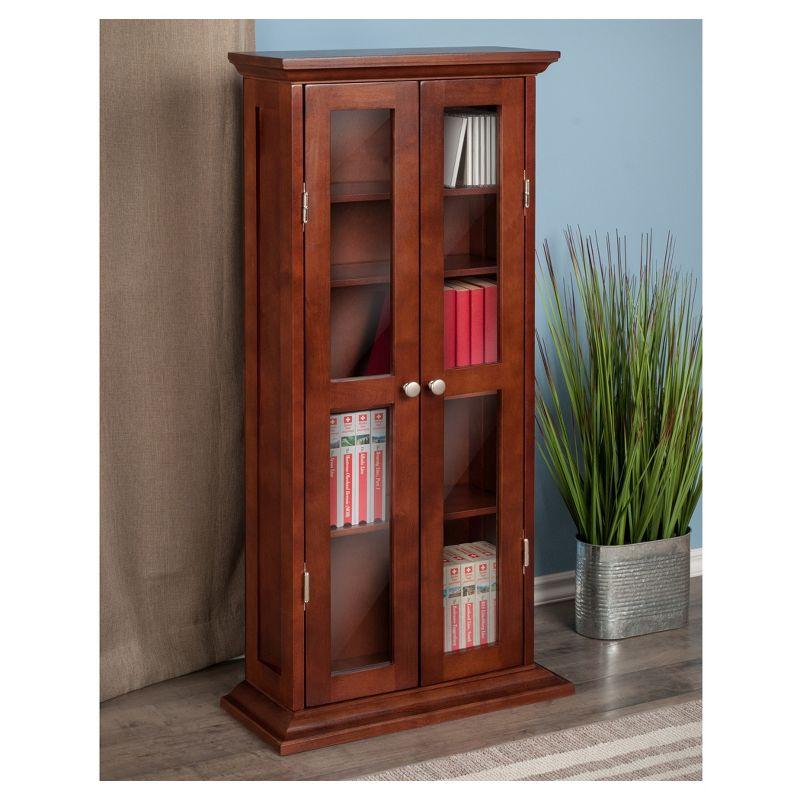 Dvd-Cd Cabinet - Antique Walnut - Winsome: Multimedia Storage, Glass Doors, 5 Adjustable Shelves