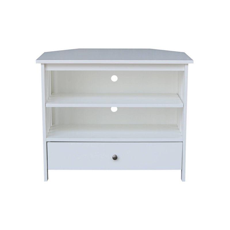 White Solid Wood Corner TV Stand with Shelves and Drawer