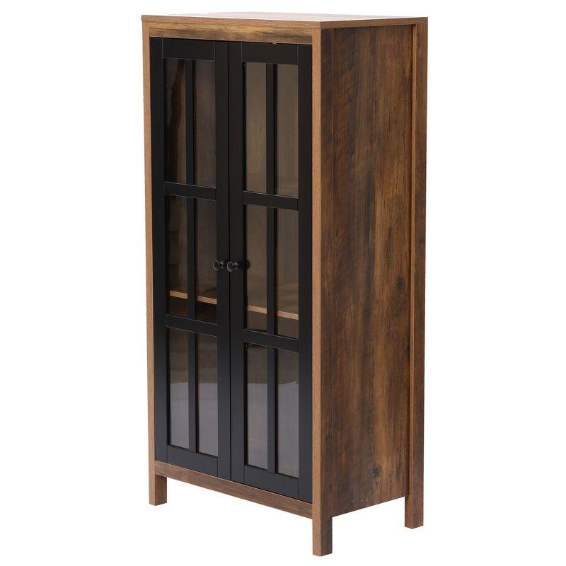 LuxenHome Natural Wood Glass Doors 47.25" H Accent Curio Storage Cabinet Brown