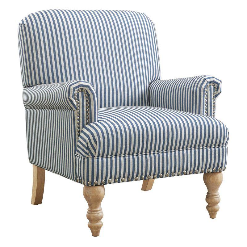 Blue Striped Wood Accent Chair with Rolled Arms