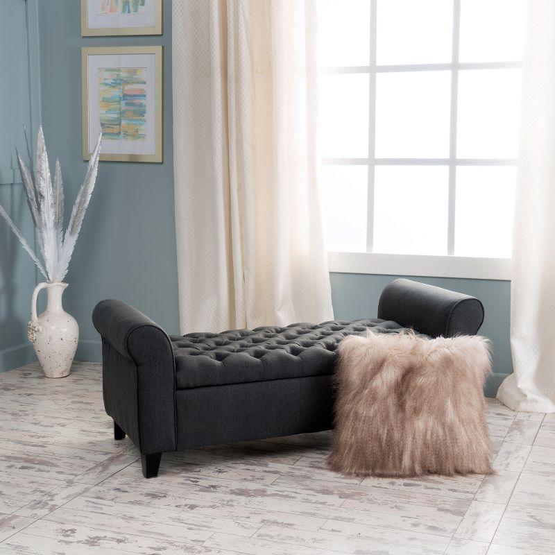 Dark Gray Tufted Fabric Storage Bench with Arms