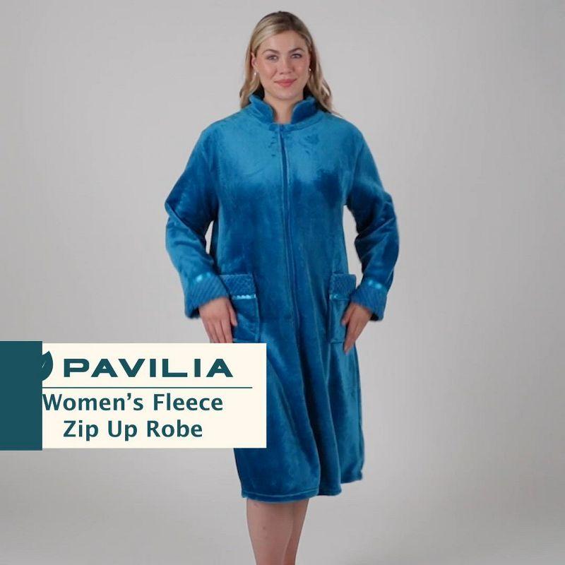 PAVILIA Womens Housecoat Zip Robe, Fleece Zipped Up Front Bathrobe, Plush Warm Long Zipper House Coat Lounger Pockets