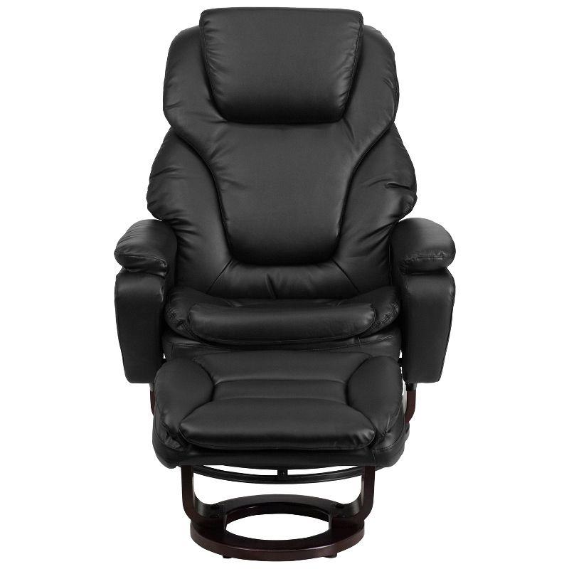 Black Leather Swivel Recliner with Ottoman and Wood Base