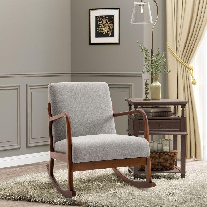 Modern Grey Linen Fabric Upholstered Rocking Armchair with Wooden Base