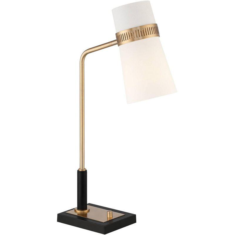 Possini Euro Design Cartwright Modern Mid Century Desk Lamp 32" Tall Antique Brass Black with USB Charging Port Linen Shade for Bedroom Living Room