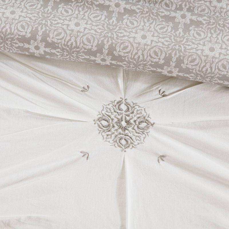 Ivory and Gray Embroidered Cotton Duvet Cover Set, Full/Queen