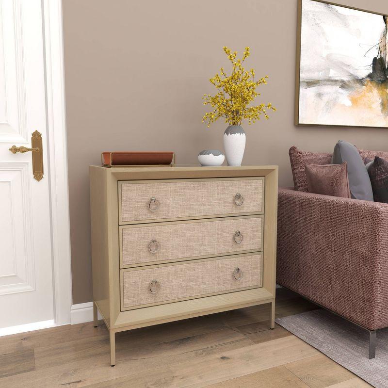 Imboden Wooden Upholstered Front Panel 3 Drawer Room Chest with Mirrored Top and Ring Handles