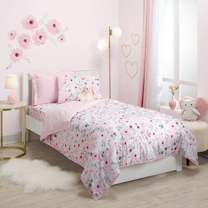 Pink Floral Watercolor Twin Microfiber Quilt Set