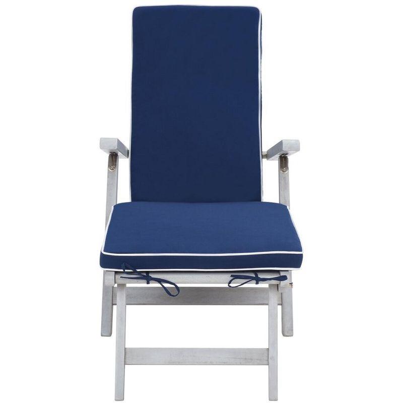 Elegant Oceanliner Inspired Acacia Wood Lounge Chair with Navy Cushion