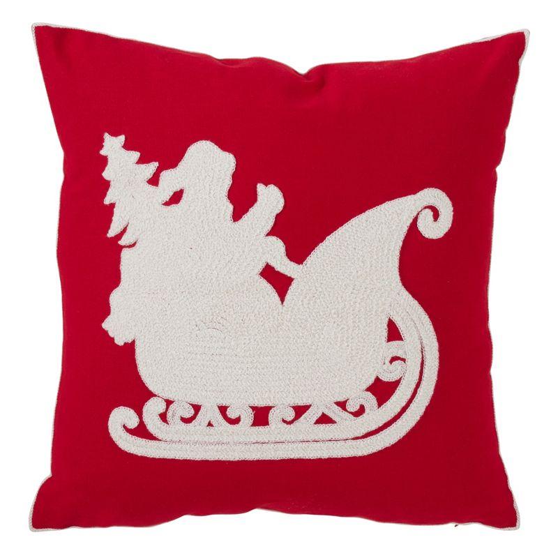 Medium Red Embroidered Santa Sleigh Square Throw Pillow