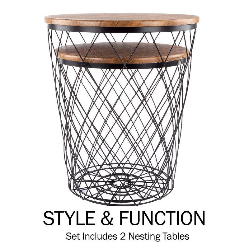Lavish Home End Table with Storage – Set of 2 Round Nesting Tables with Diamond Pattern Wire Basket Wood Tops, Industrial Farmhouse Side Table