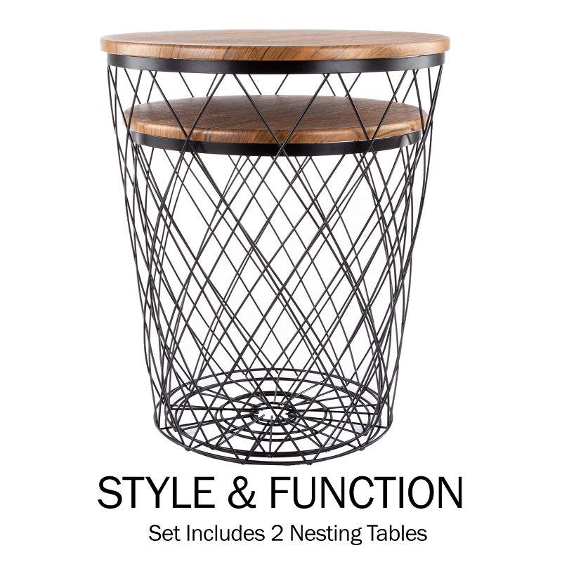 End Table with Storage – Set of 2 Round Nesting Tables with Diamond Pattern Wire Basket Wood Tops, Industrial Farmhouse Side Table by Lavish Home