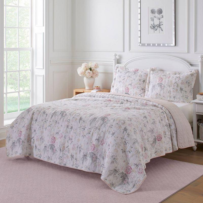 Vintage Cottage Pink & Gray Floral Cotton Quilt Set - Full/Queen