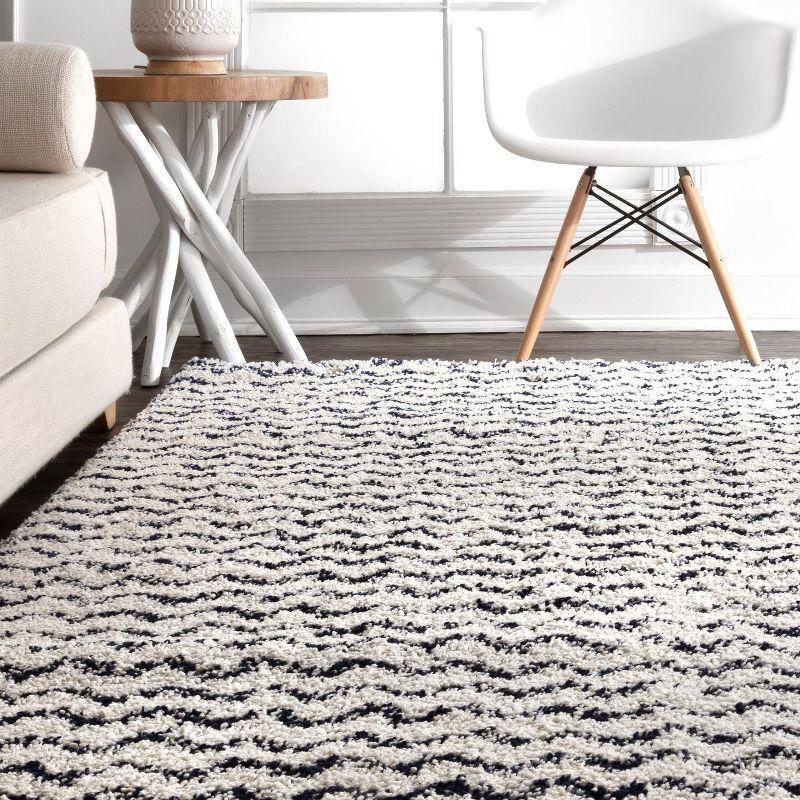 Nuloom Cuellar Striped 9x12 Shag Indoor Area Rug for Living Room Bedroom Dining Room Nursery, Navy/Ivory