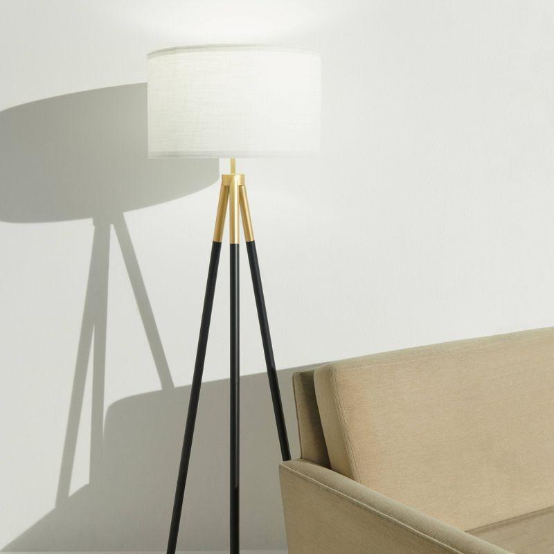 Brightech Levi 61" Mid-Century Modern LED Tripod Floor Lamp with Black Legs, Gold Finish, and Fabric Drum Shade, Bulb Included