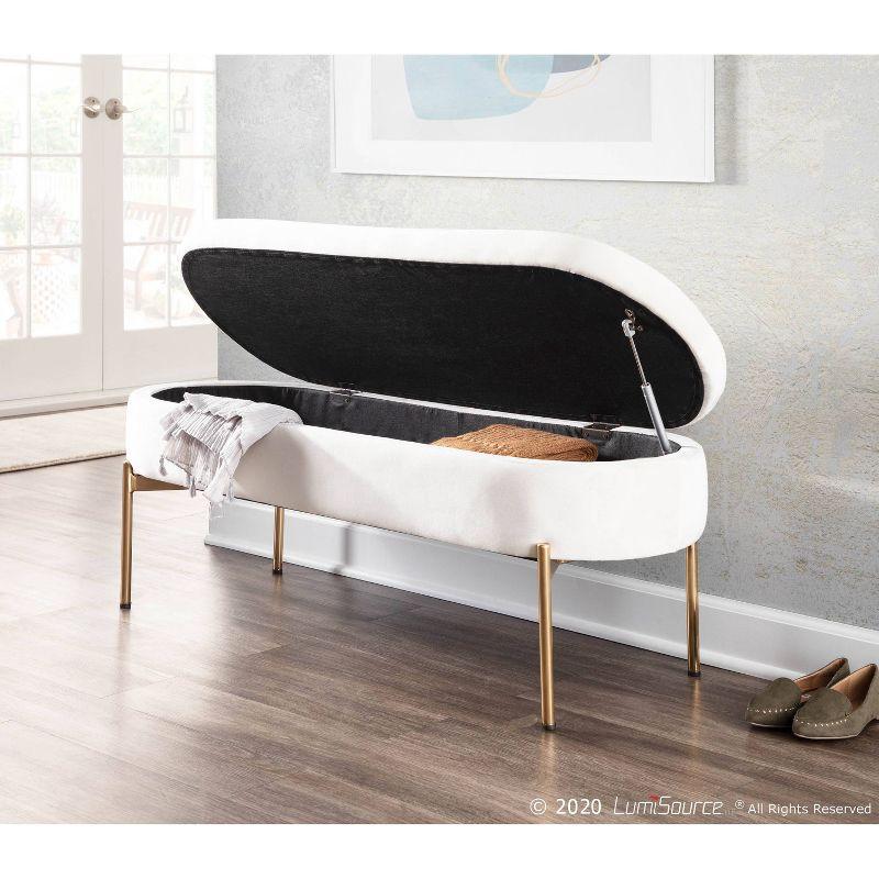 48" Chloe Contemporary Upholstered Storage Bench Gold/Cream - LumiSource: Velvet Seating, Metal Base