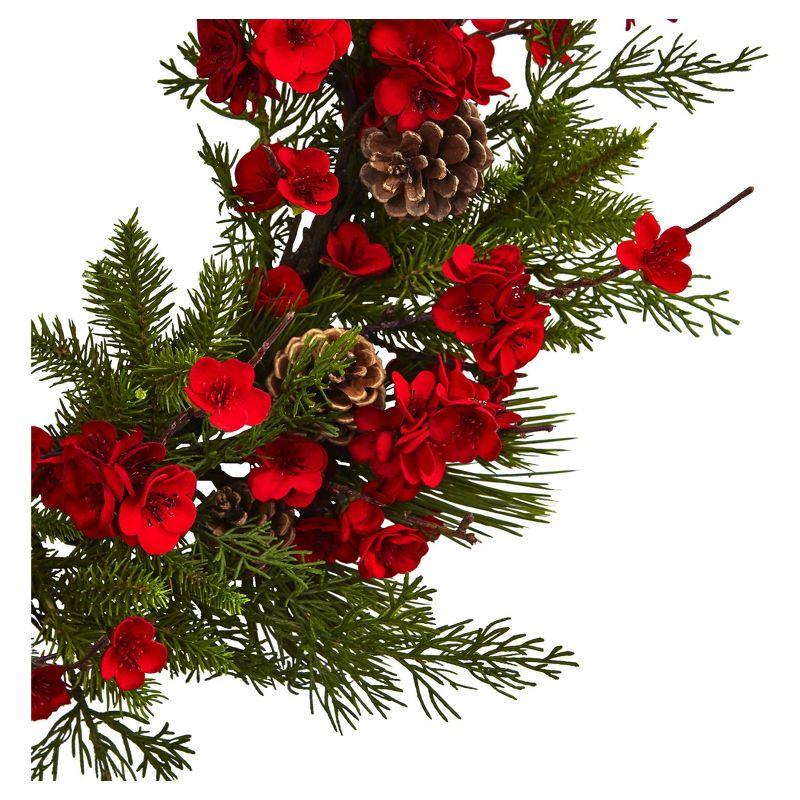 Nearly Natural Plum Blossom Pine Wreath (24"): Faux Floral Wall Decor for Indoor, Unlit Winter Display