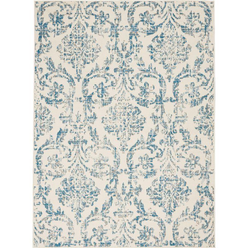 Ivory and Blue Damask Rectangular 6' x 9' Area Rug