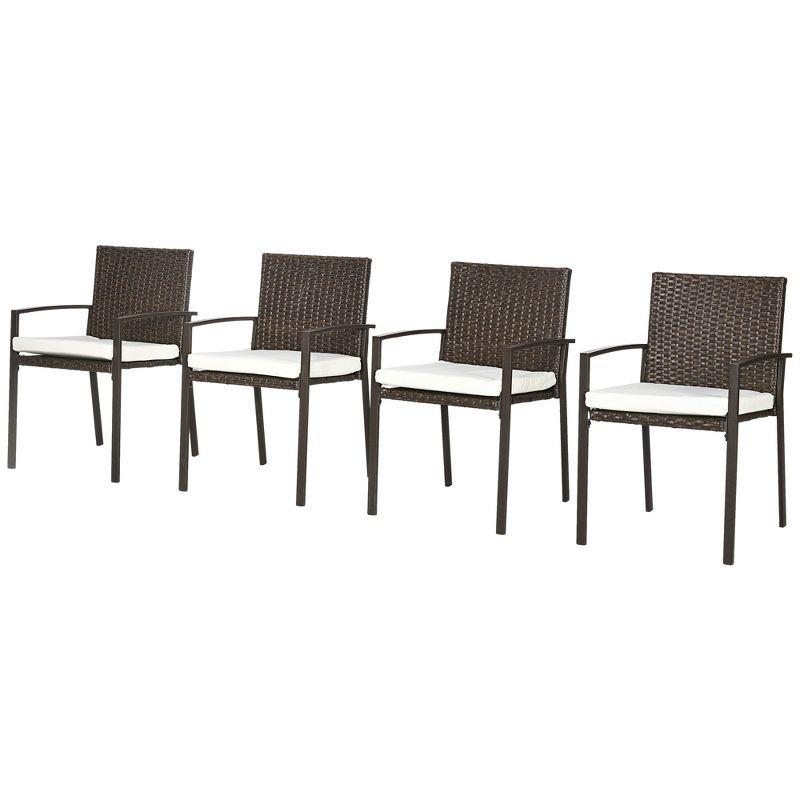 Outsunny 4 Piece Outdoor Dining Chair Set, Cushioned Patio Wicker Armchairs