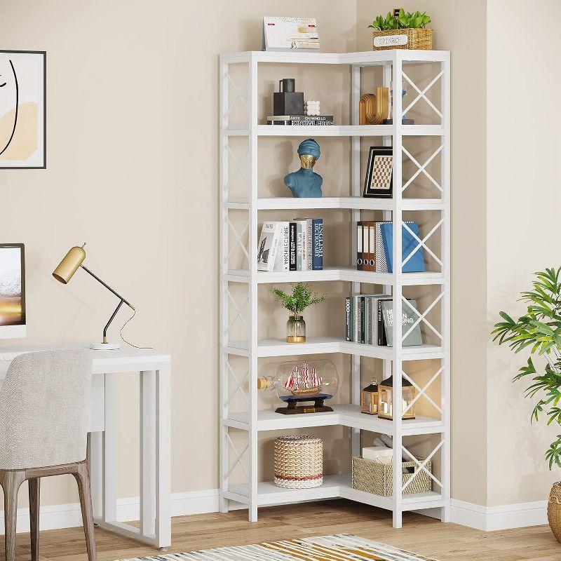 Tribesigns 7-Tier L-Shaped Bookshelf, Wood Corner Etagere Bookcase, Freestanding Display Shelving Unit, White