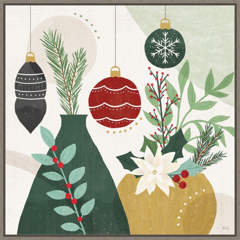 Holiday Ornaments Festive Canvas Print with Greywash Frame