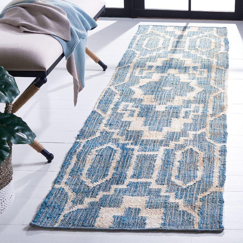 Blue and Ivory Geometric Hand-Woven Natural Fiber Runner Rug