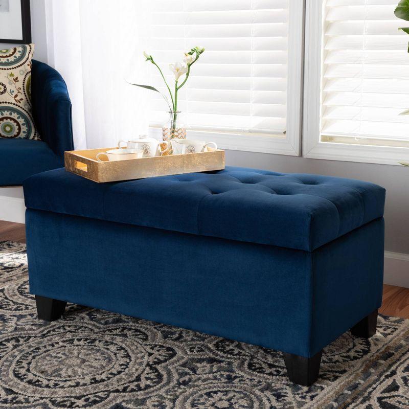 Navy Blue Velvet Tufted Storage Ottoman with Black Wooden Legs