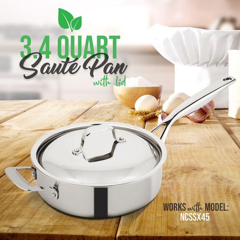 NutriChef 3.4-quart Sauté W/ Lid Stainless Steel Stain-Resistant Kitchen Cookware W/ Satin Interior