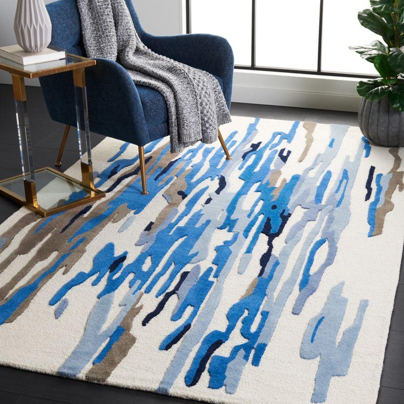 Ivory & Blue Hand-Tufted Wool Area Rug - 4' x 6' Art Deco Design