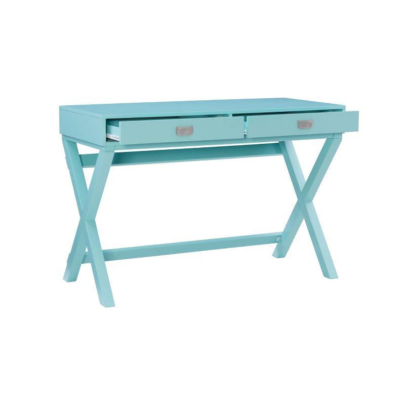 Peggy Transitional Campaign Wood Writing Desk with Drawers Blue - Linon: Silver Hardware, X-Framed Legs, Pine Frame