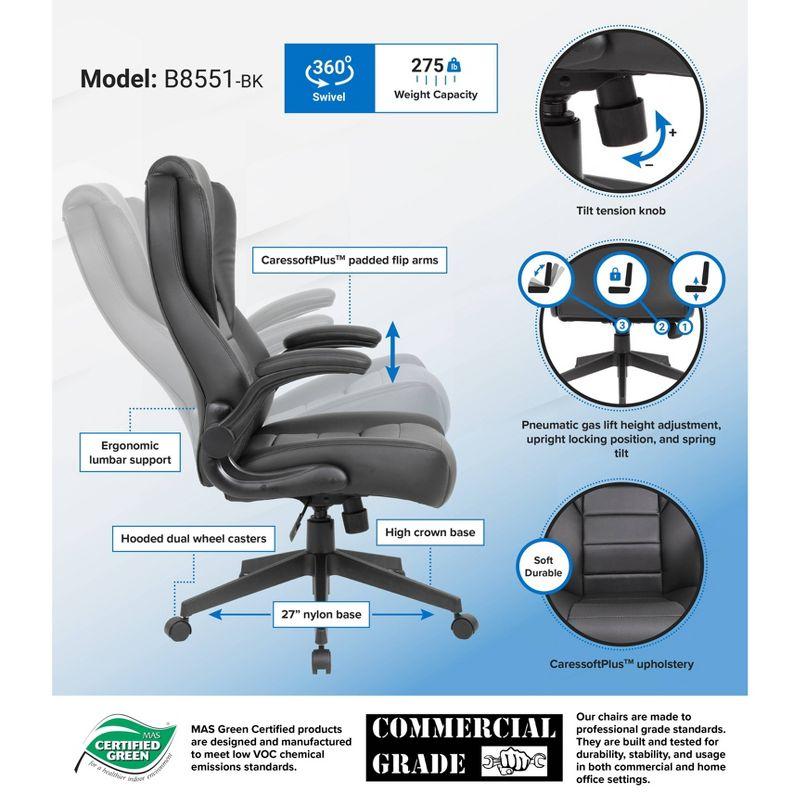 Executive High Back Leatherplus Flip Armchair Black - Boss Office Products: Ergonomic, Swivel, Lumbar Support, Adjustable Height