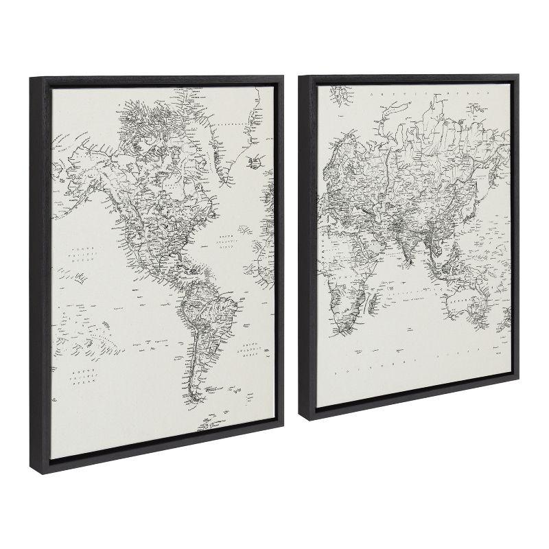 Vintage Black and White World Map Framed Canvas Set