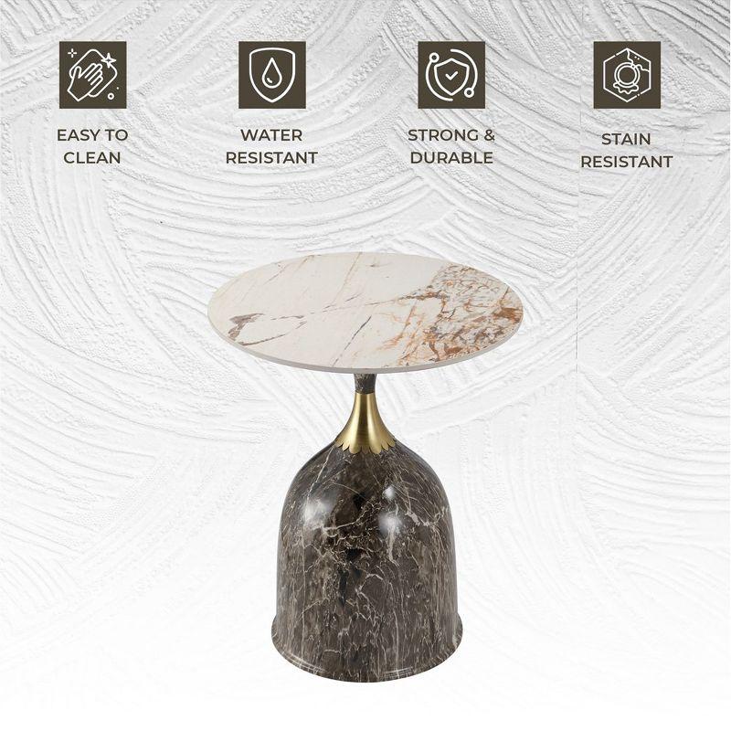 LeisureMod Side Table Round Sintered Stone Top Modern Accent Table with Stainless-Steel Base Chic End Table Oslo Series in Marbled Brown