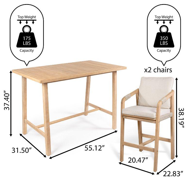 Porto Modern Coastal 3-Piece Acacia Wood Outdoor Bar Set with Cushions