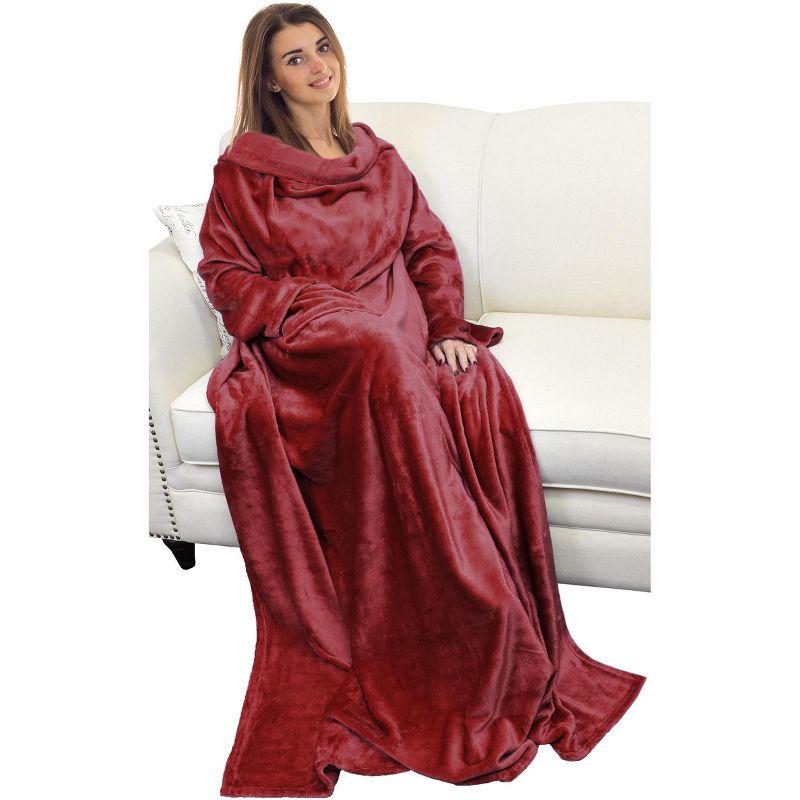 Wine Fleece Wearable Blanket with Sleeves and Pocket