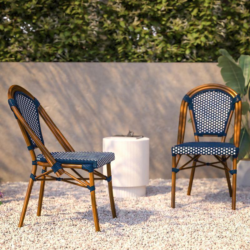 Emma & Oliver Soie Set of Two Stacking Bistro Chairs with Navy and White PE Seat and Back and Bamboo Finished Aluminum Frame for Indoor/Outdoor Use
