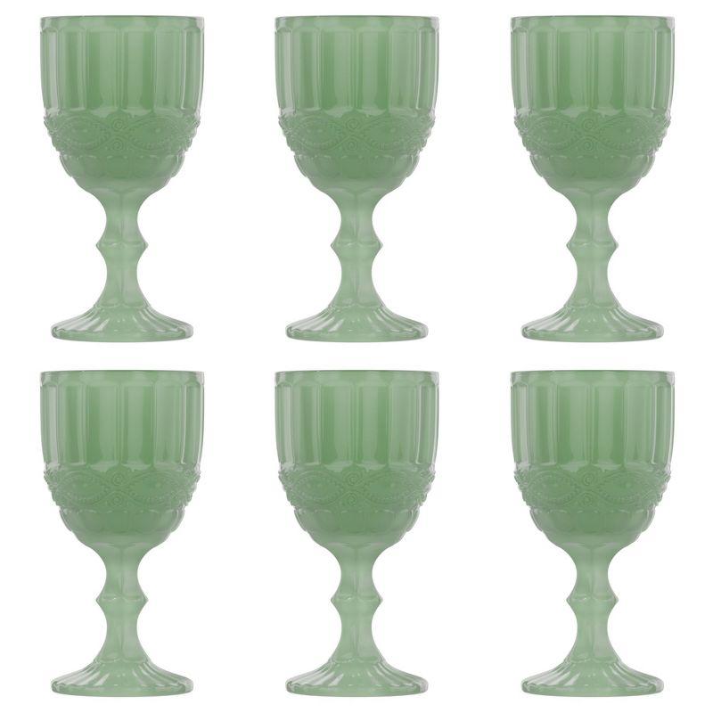 Jade Green Embossed Vintage Glass Goblets, Set of 6