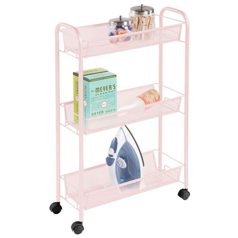 Blush Pink Steel 3-Tier Rolling Laundry Cart with Shelves