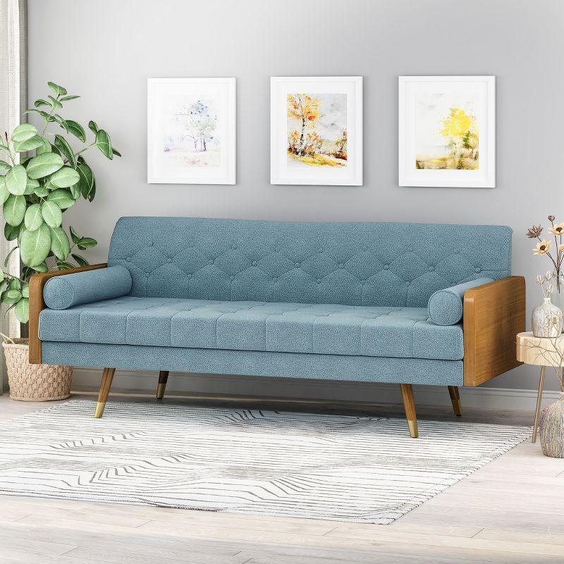 GDFStudio Aidan Mid Century Modern 72.25" Tufted Upholstered 3 Seater Sofa，Blue/Dark Walnut/Gold